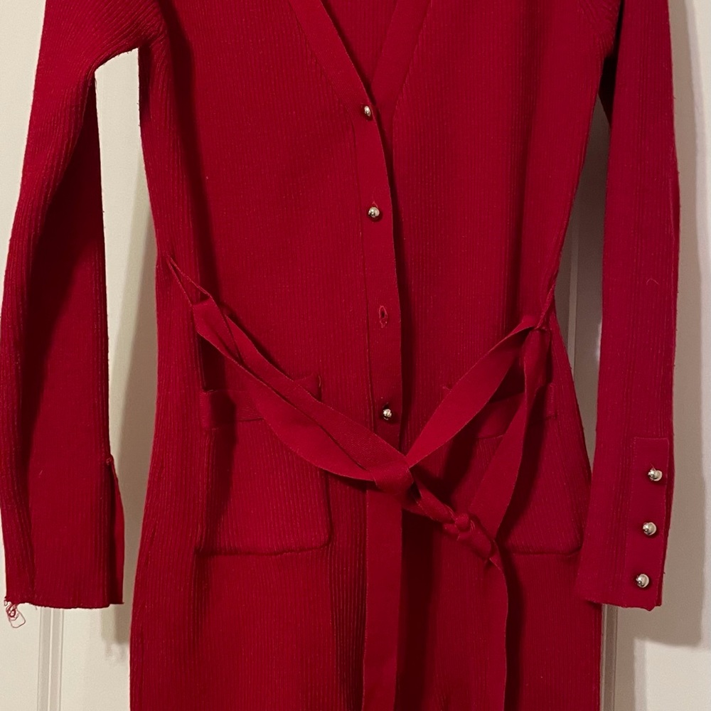 NY collection red cardigan long length sweater w gold button trim sz M